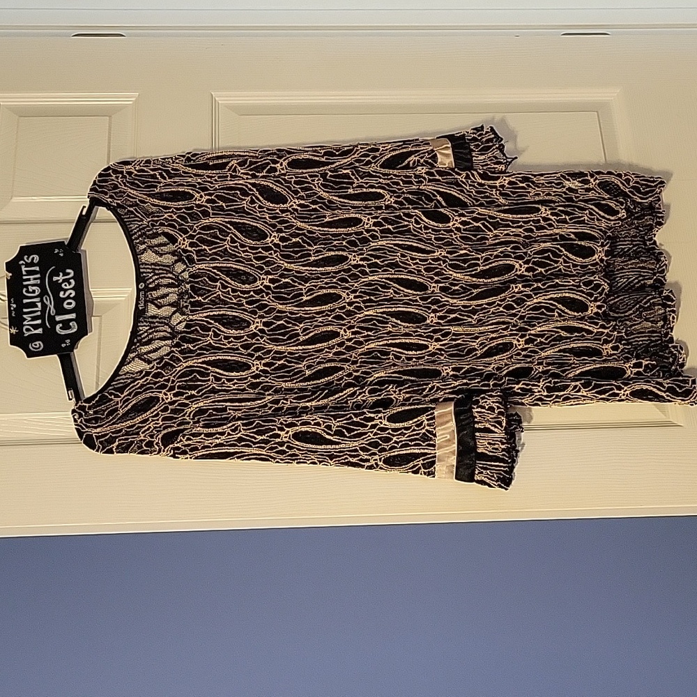 Adorn Black Beige Lace Overlay Top 1XL